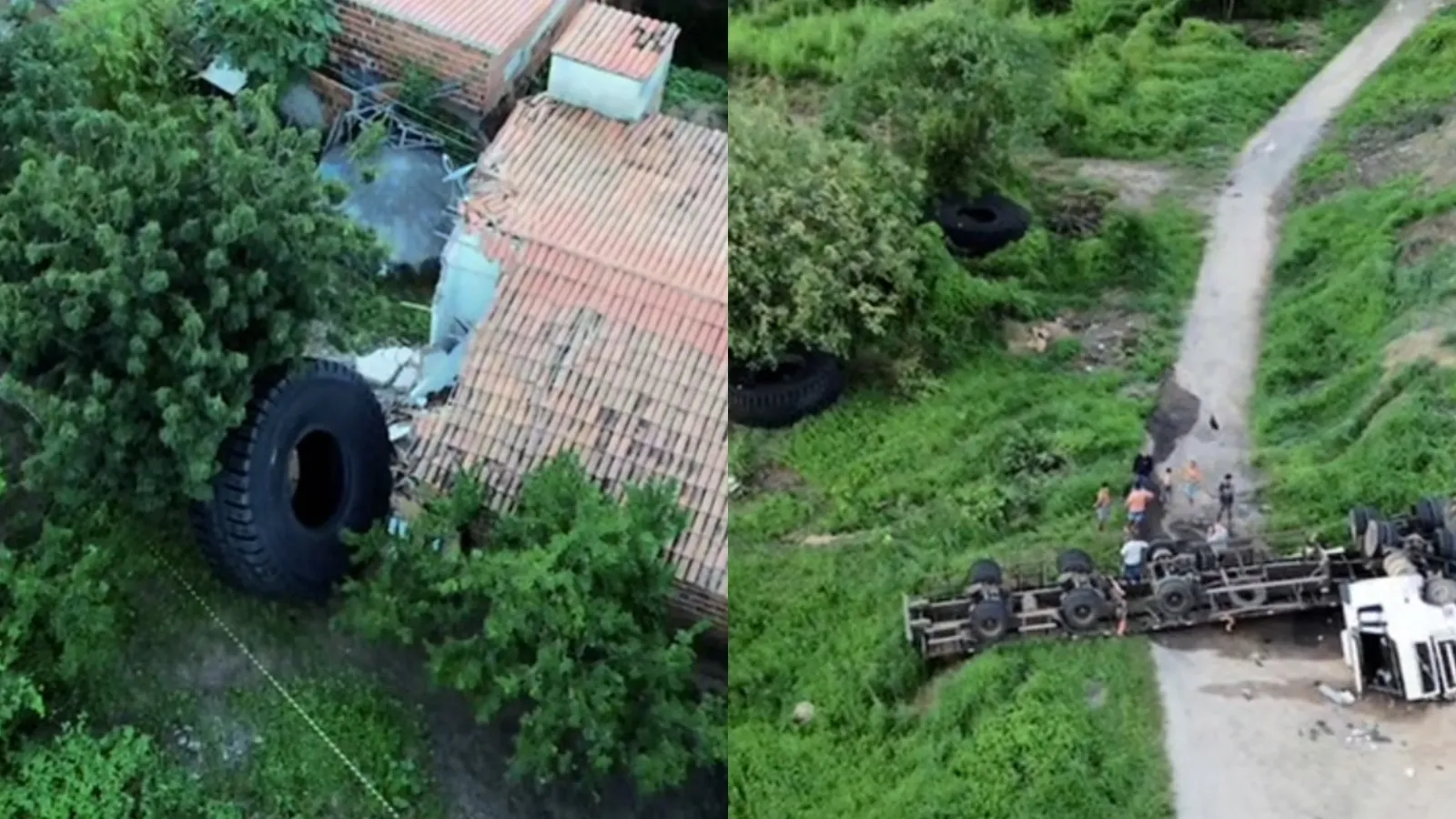 Acidente em Itapajé: Pneus gigantes atingem casas após carreta tombar