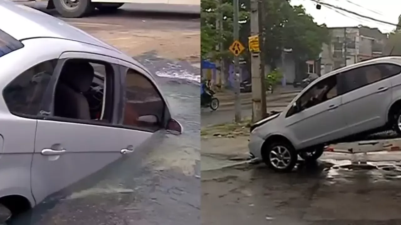 Asfalto Cede e "Engole" Carro de Entregador em Fortaleza