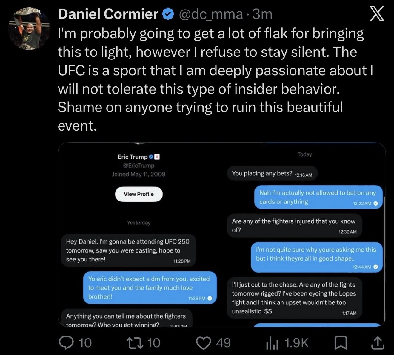 Daniel Cormier expõe supostas apostas de filho de Trump