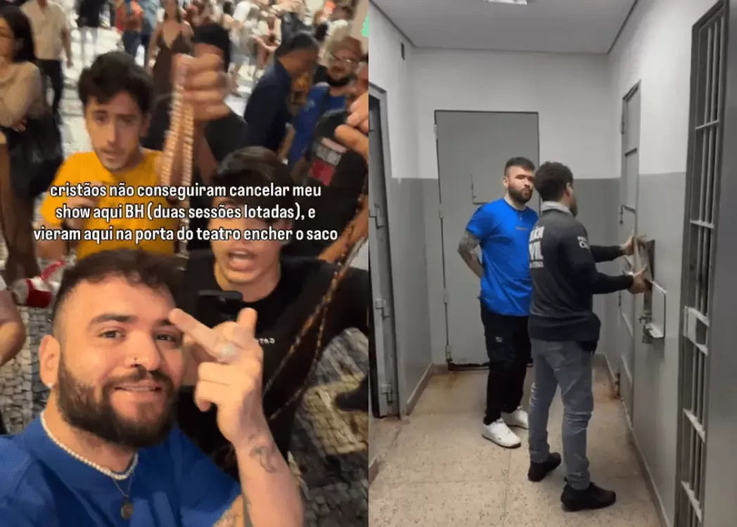 Humorista Tiago Santineli e manifestantes religiosos: confronto em BH termina na delegacia